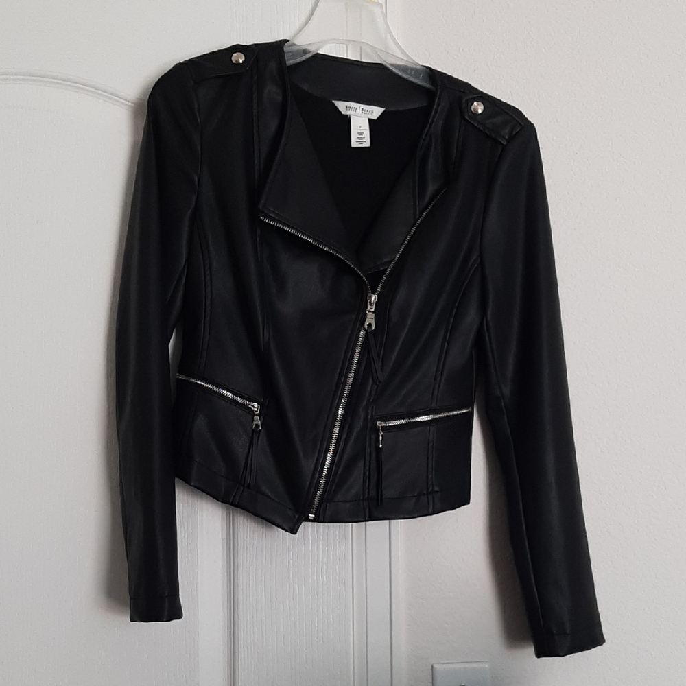 White House Black Market Black Leather Jacket Asymmetrical Biker Style